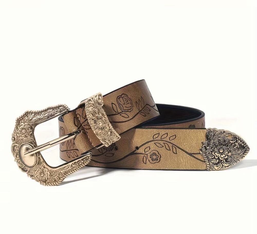 (Vintage) Bohemian Western Style Belt With Buckle 1.5 Inch Wide, Faux Leather Lg